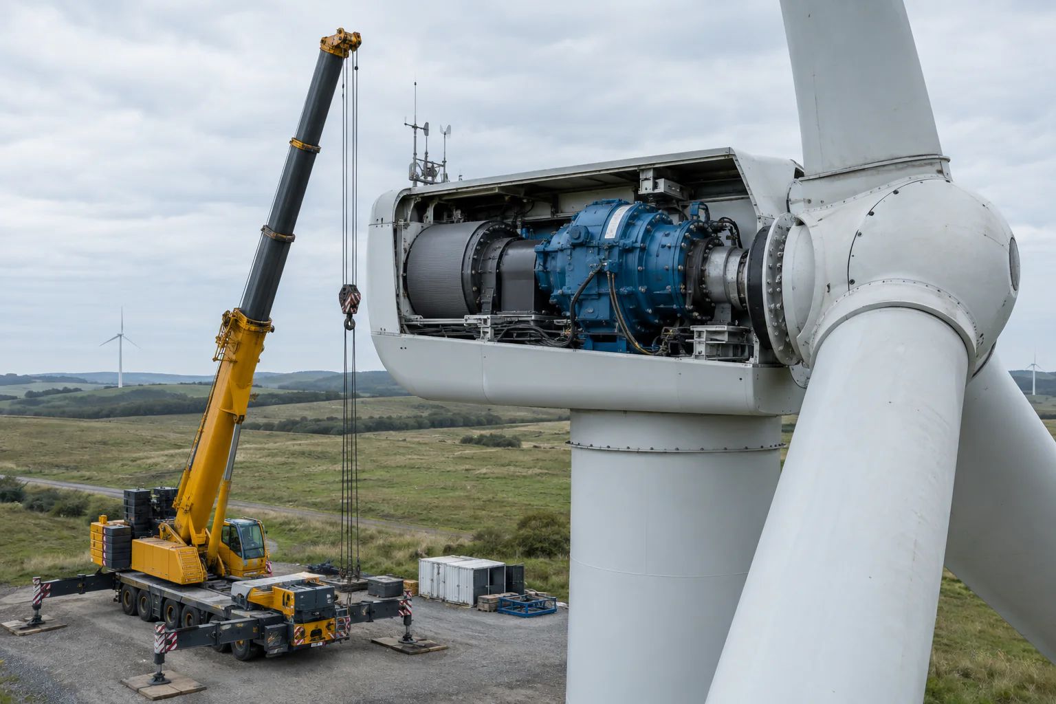 Wind plant where one stopped turbine waits on a crane that was not booked