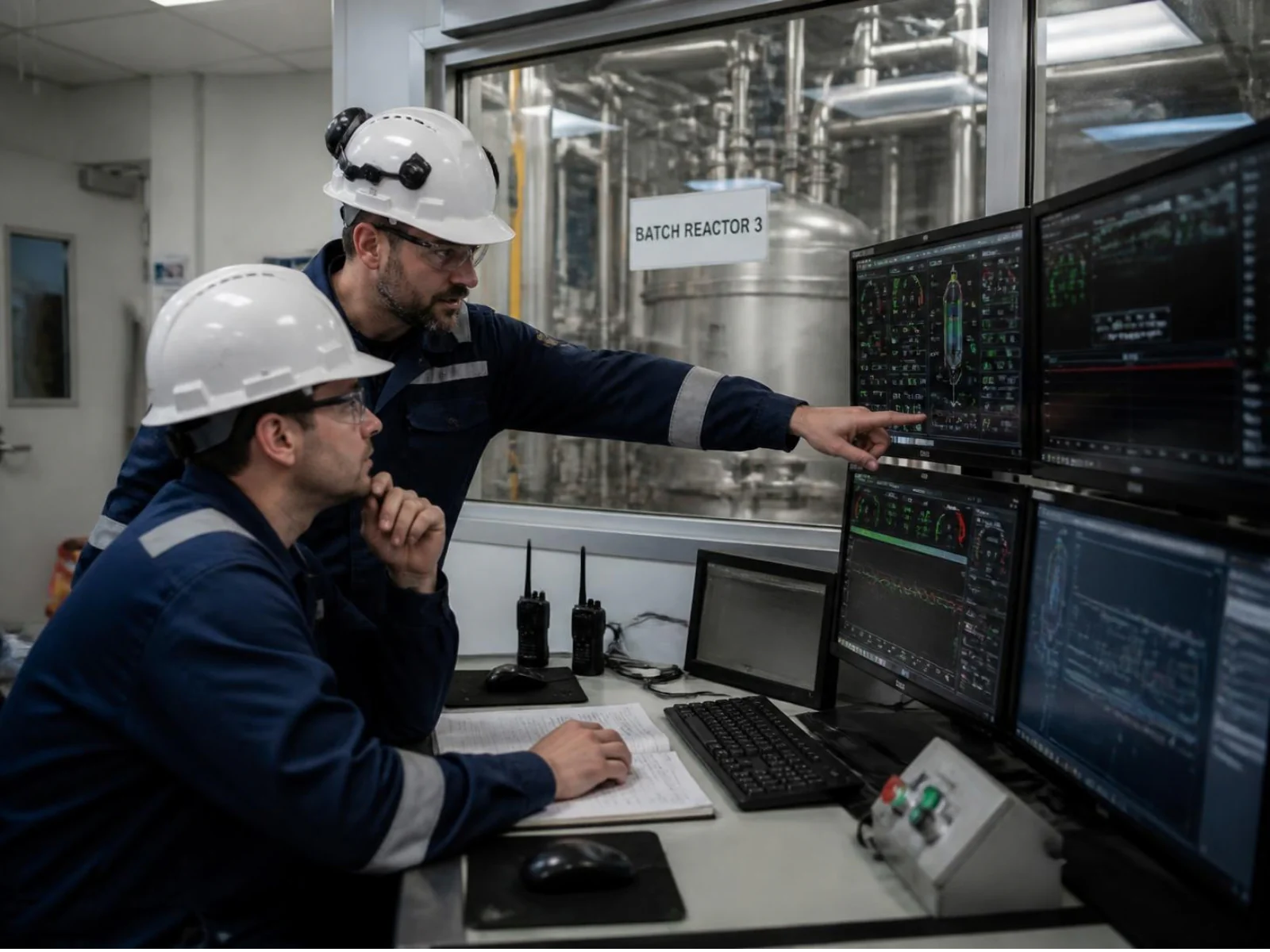 Reactor and historian data feeding a monitoring layer alongside unchanged interlocks and relief systems