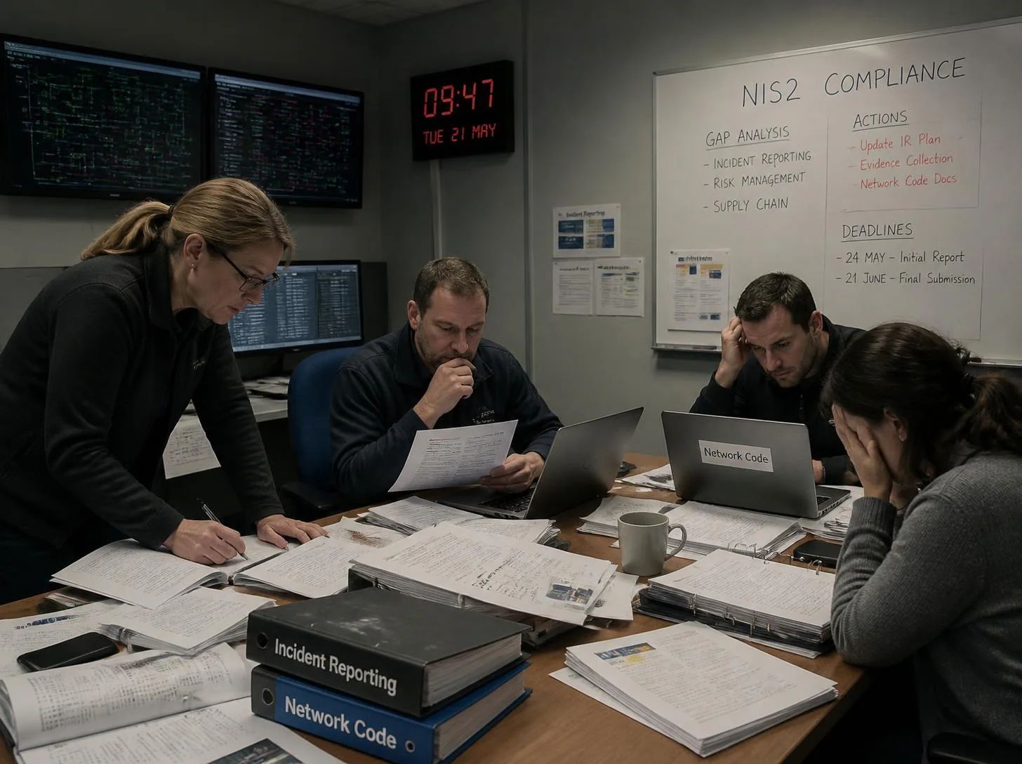 Cybersecurity team tracking NIS2 obligations and incident reporting deadlines