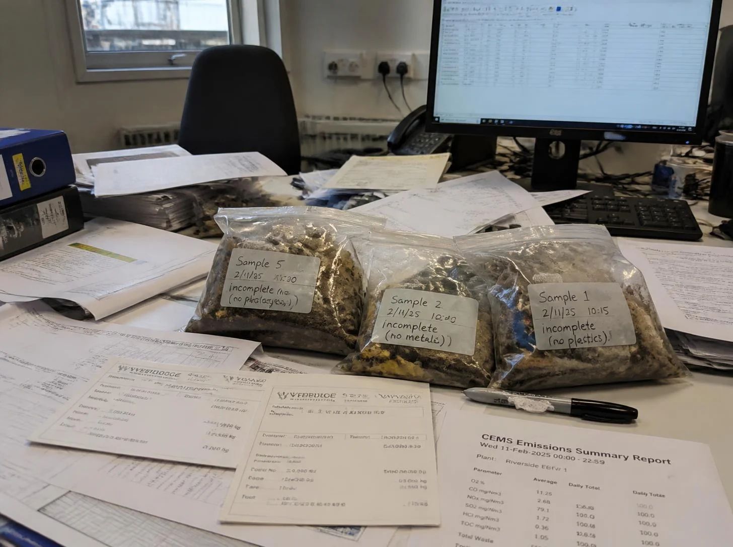 Compliance team tracing declared emissions back to waste receipt and sampling