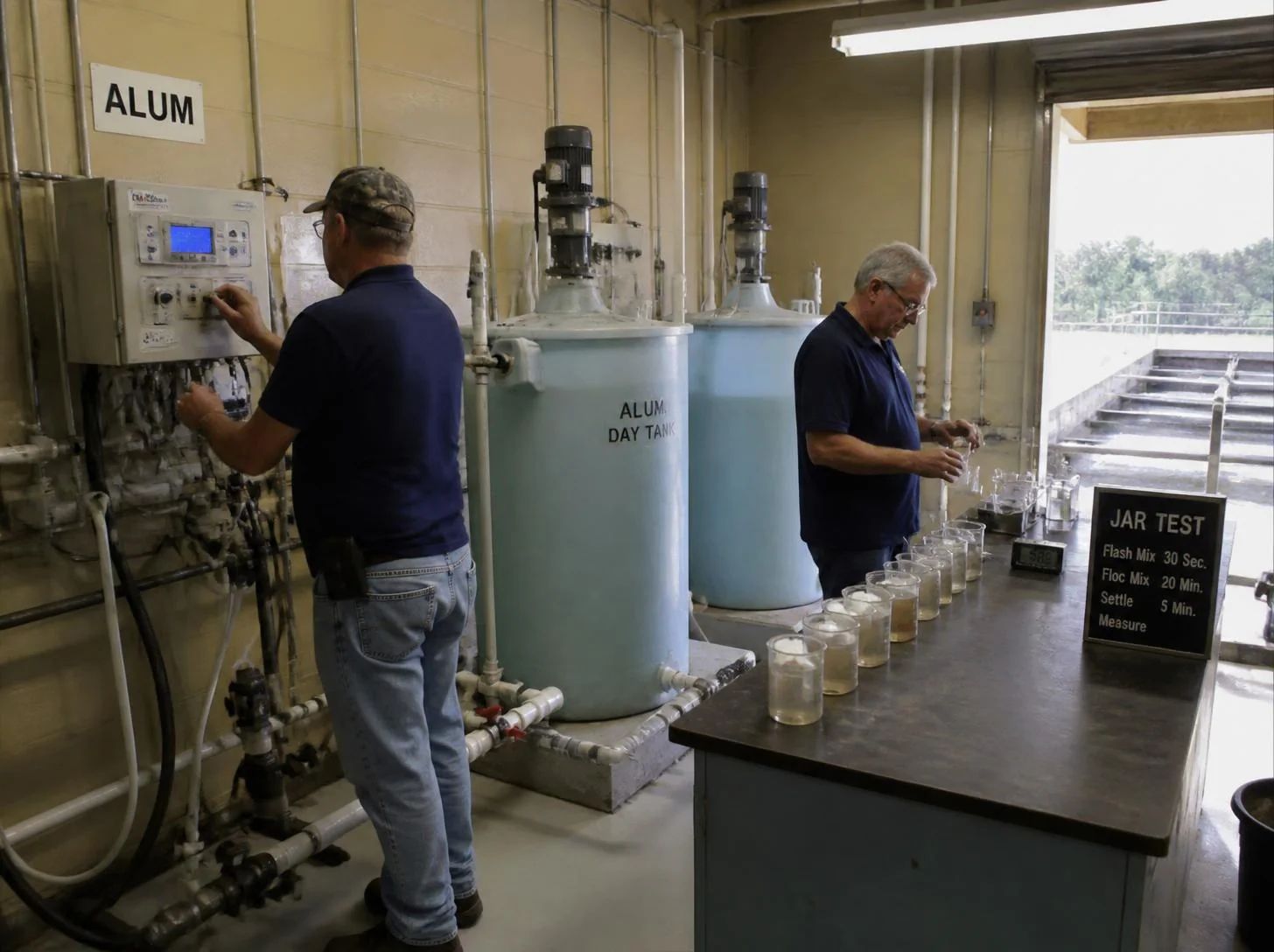 Jar testing beside a dosing prediction view for changing raw water conditions