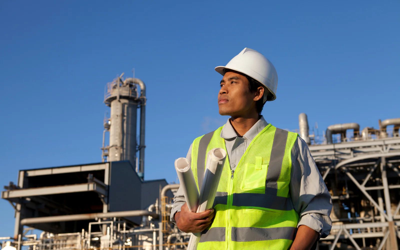 Engineers reviewing chemical plant operating procedures