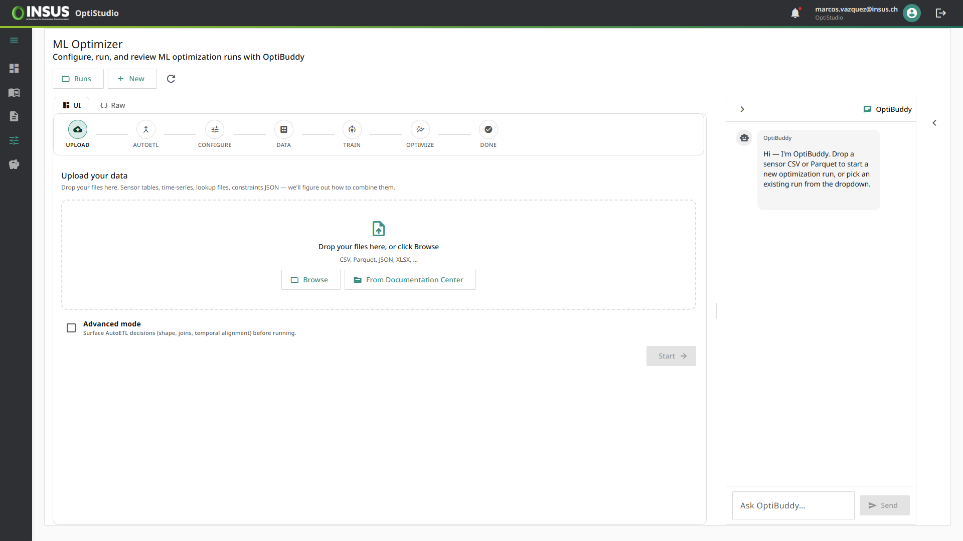 OptiStudio ML Optimizer upload screen