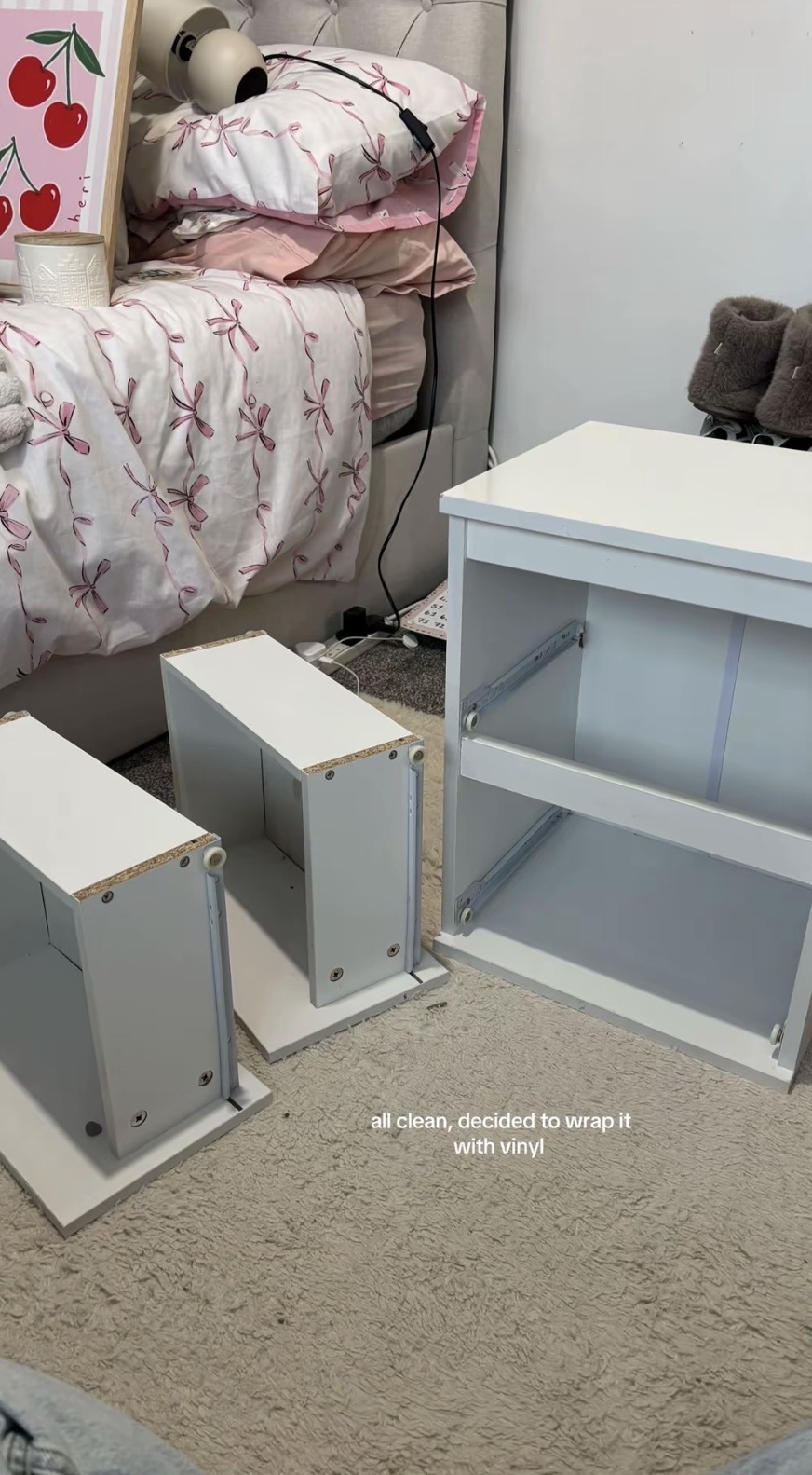 Covered the bedside table with some brown vinyl and it’s a worthy upgrade