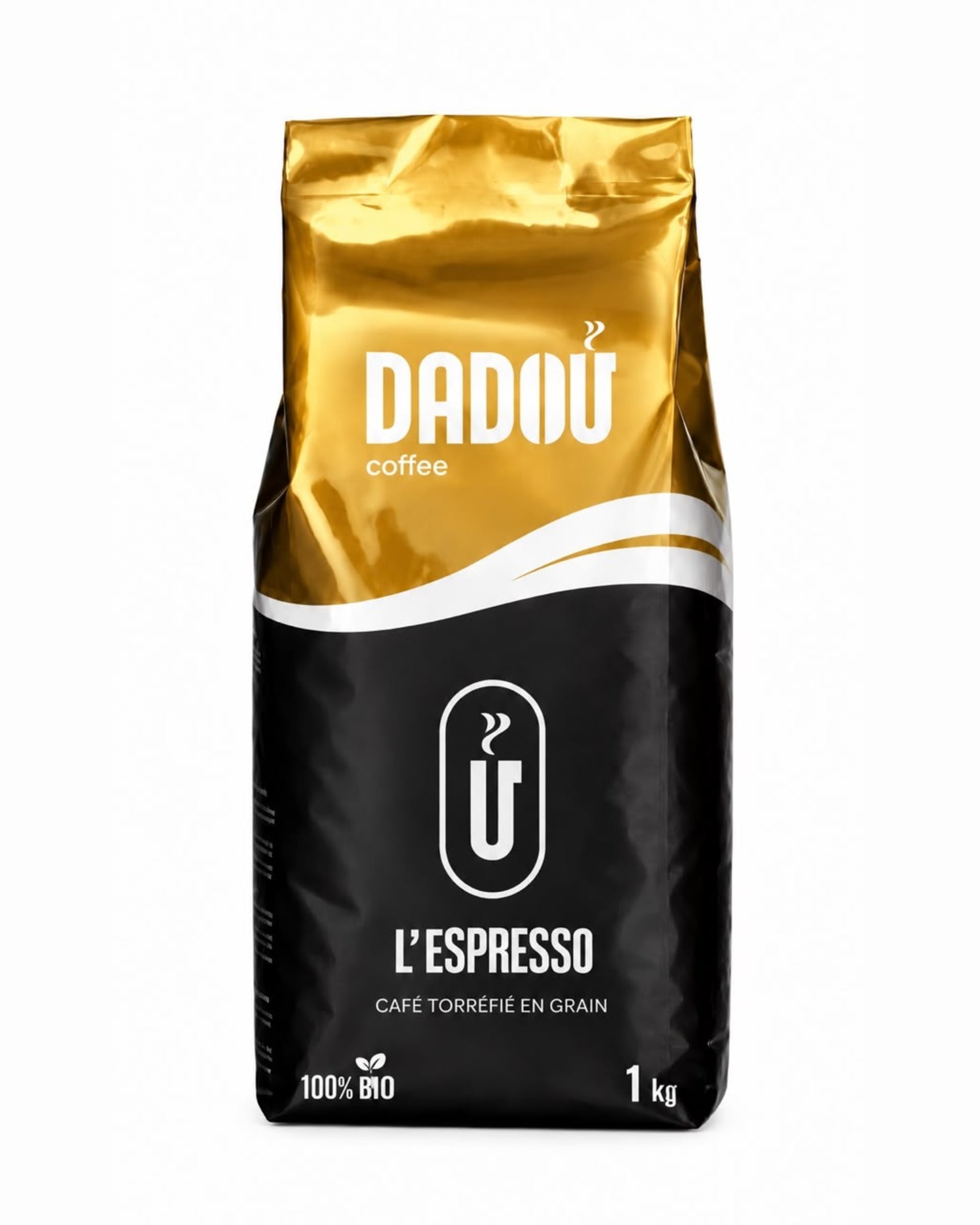 كيس DADOU L’Espresso الذهبي والأسود، التشكيلة الذهبية، قهوة محمصة بالحبوب 1 كلغ