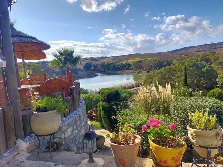 Flowered terrace by Lalla Takerkoust lake