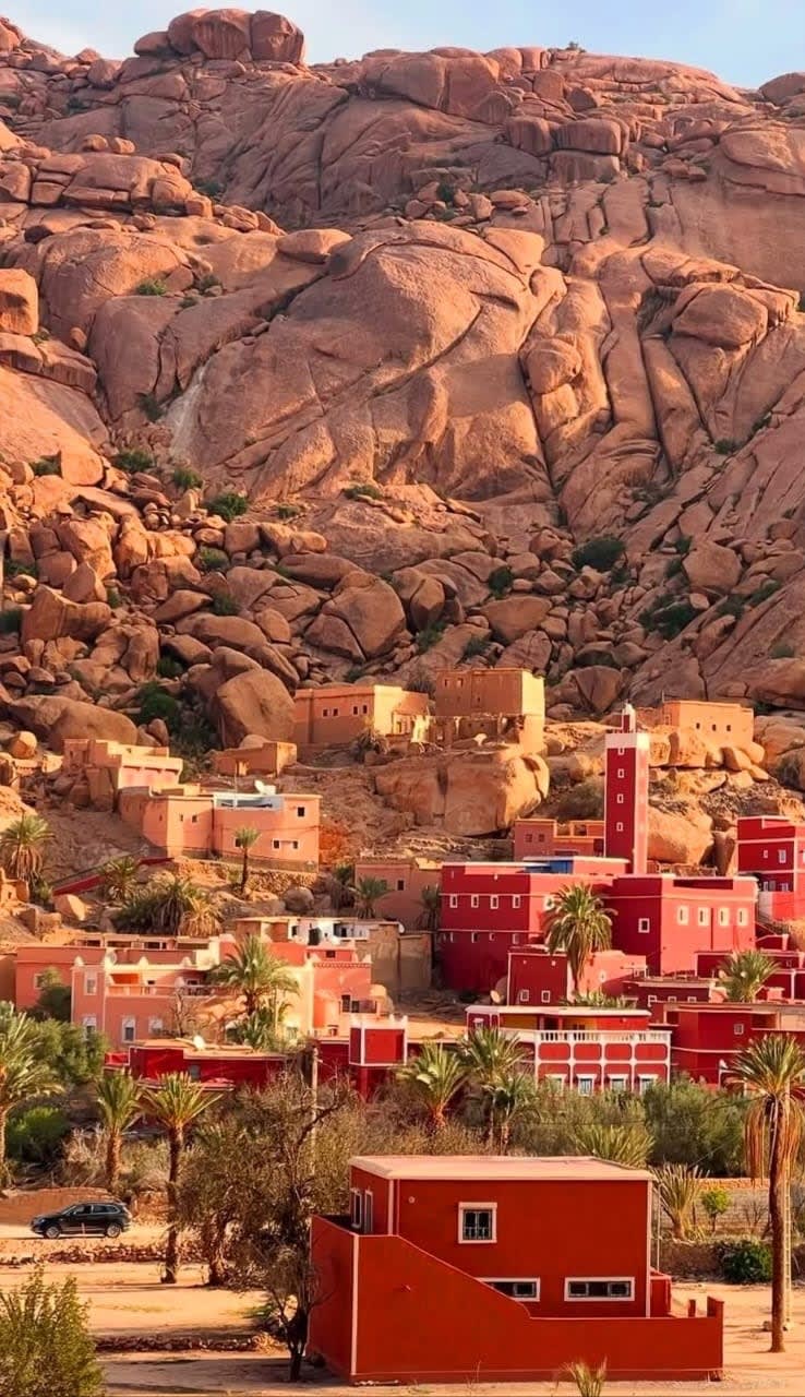Tafraout village and pink granite rocks