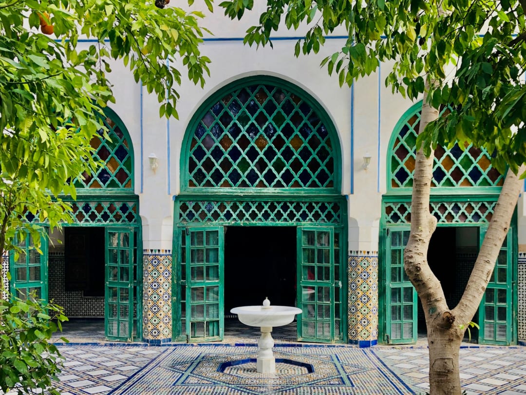 Green-doored patio of a Marrakech palace