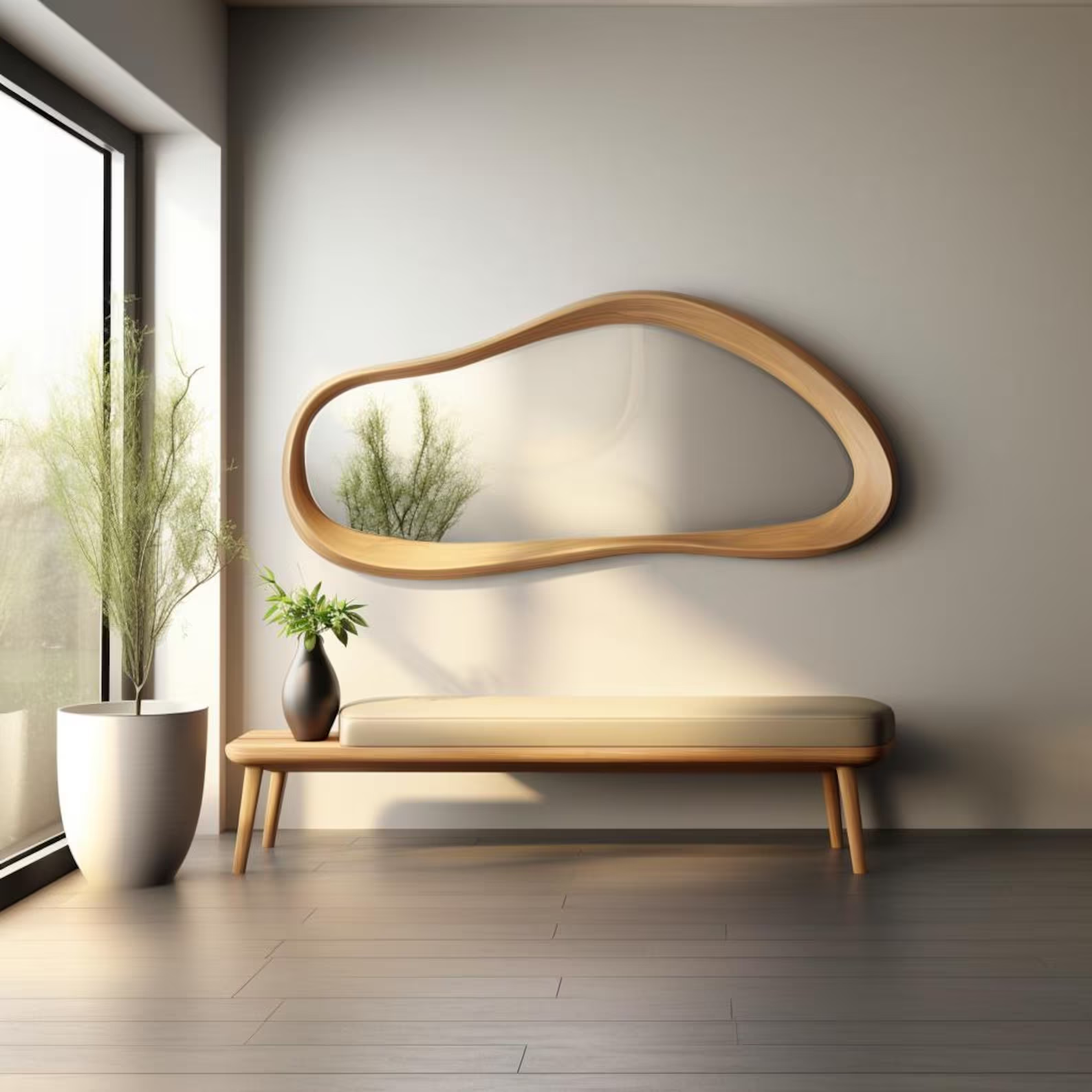 Round mirror with a blackened burned wood frame