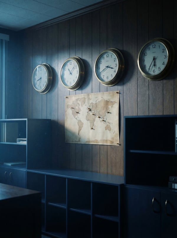 Zegarki stref czasowych i mapa świata — exit z firmy