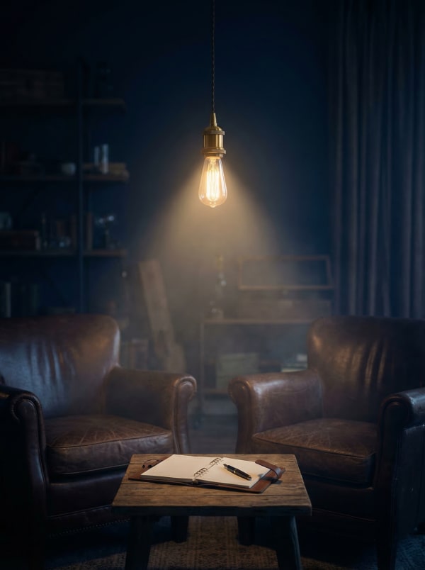 Dwa fotele i notatnik pod lampą — lekcje zapisane w dzienniku