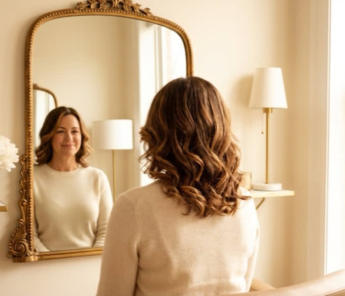 Klientka przed lustrem w złotej ramie - Beauty Salon Radom