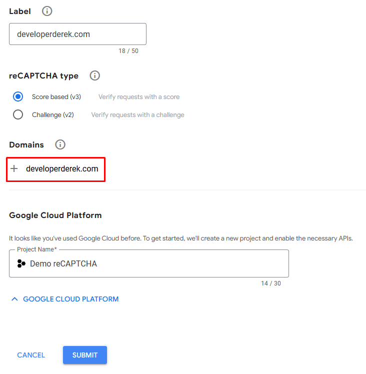 reCAPTCHA registration form domains input