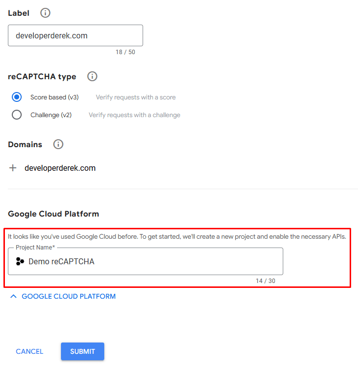 reCAPTCHA registration form Google Cloud Platform project name input