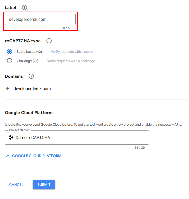 reCAPTCHA registration form label input