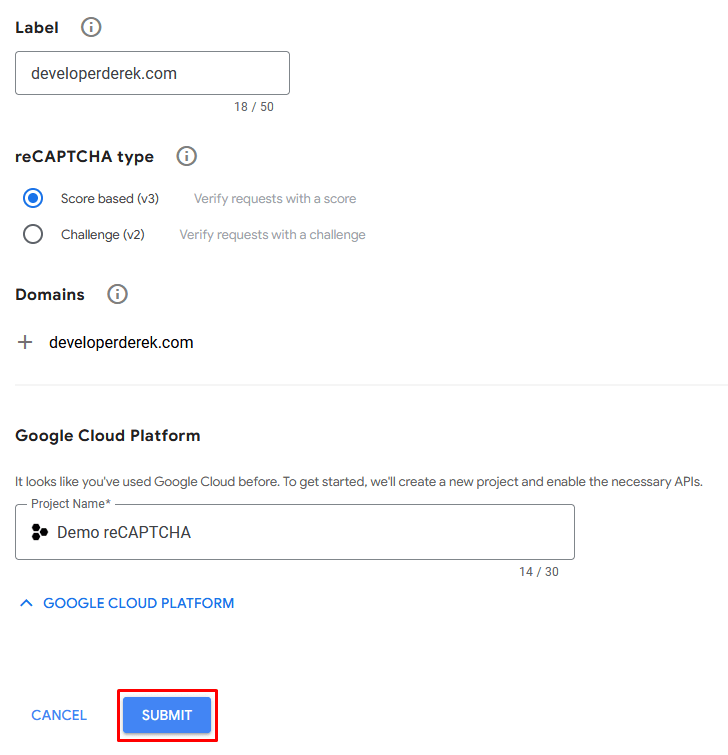reCAPTCHA registration form submit form button