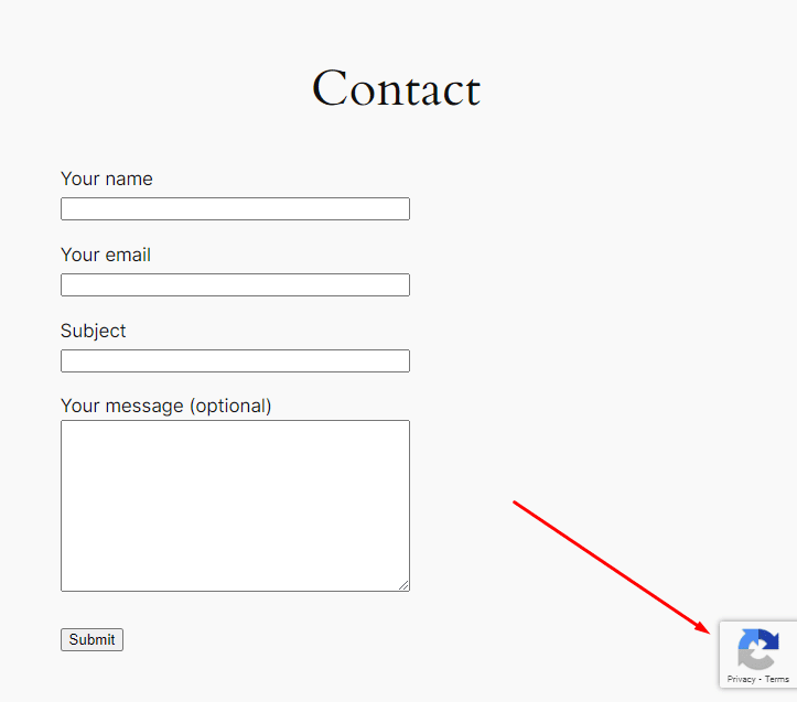 Contact form page with reCAPTCHA badge showing correctly