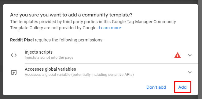 Warning dialog asking the user to accept permissions for the Reddit Pixel