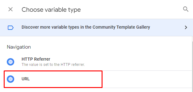 Red box highlighting the URL option in the "Choose variable type" menu