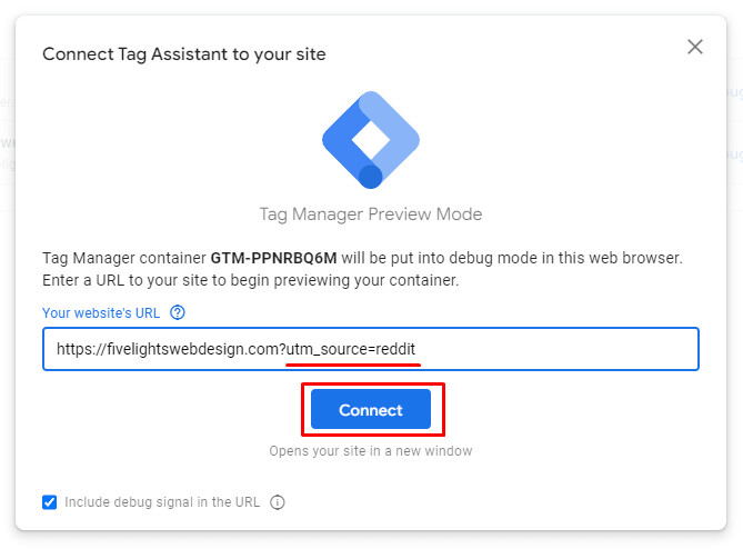 Dialog box with a text field to enter in your website's address to preview your workspace changes