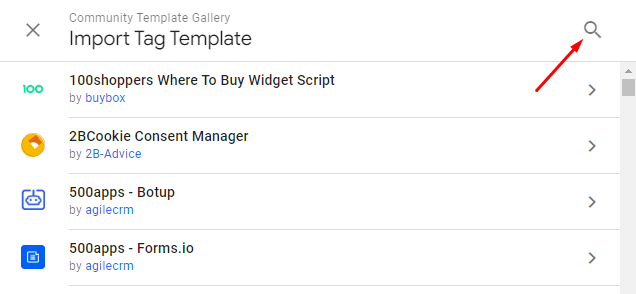Red arrow pointing to search icon in the Community Template Gallery