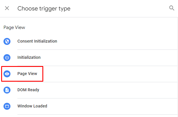 Red box highlighting the Page View trigger type