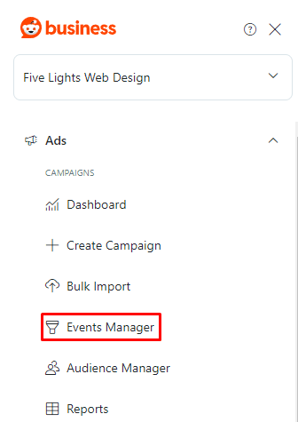 Reddit Ads website sidebar with red box highlighting the Events Manager navigation item