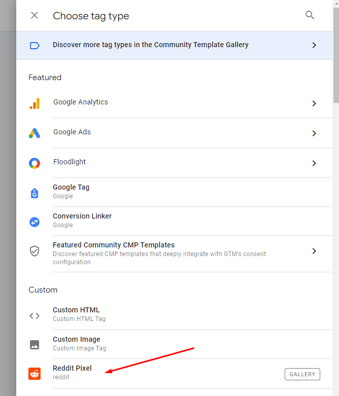 Red arrow pointing to the Custom Reddit Pixel within the "Choose tag type" menu