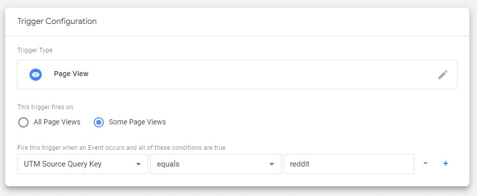 Completed Trigger configuration for firing the Page View event to Reddit