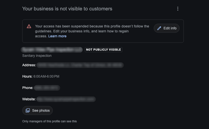 Suspended Google Business Profile screenshot