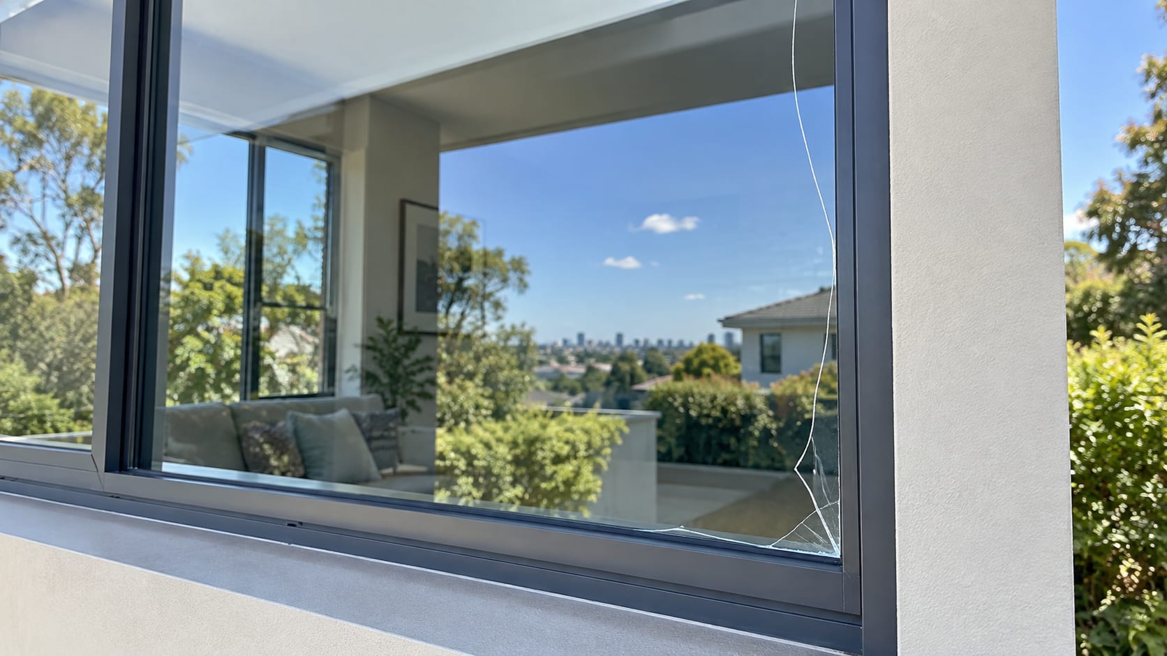 cracked residential window glass requiring replacement in Sydney
