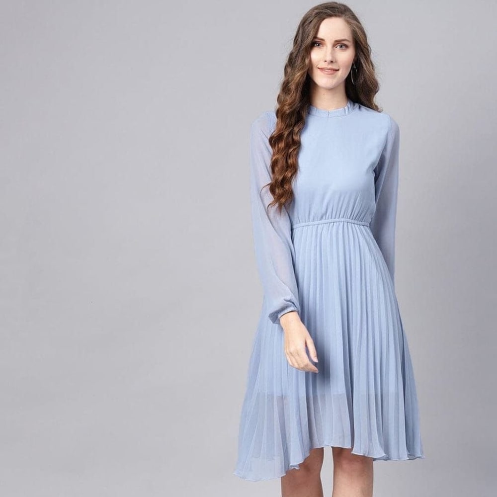 Blue Mandrain Collar Pleated Skater Dress