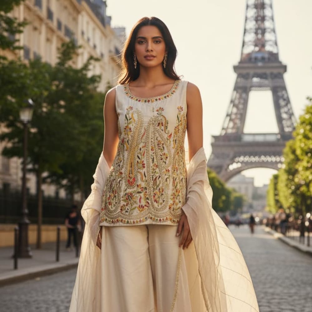 Ivory, Gold, and Multi-color embroidery (red, green, yellow) Sharara Suit