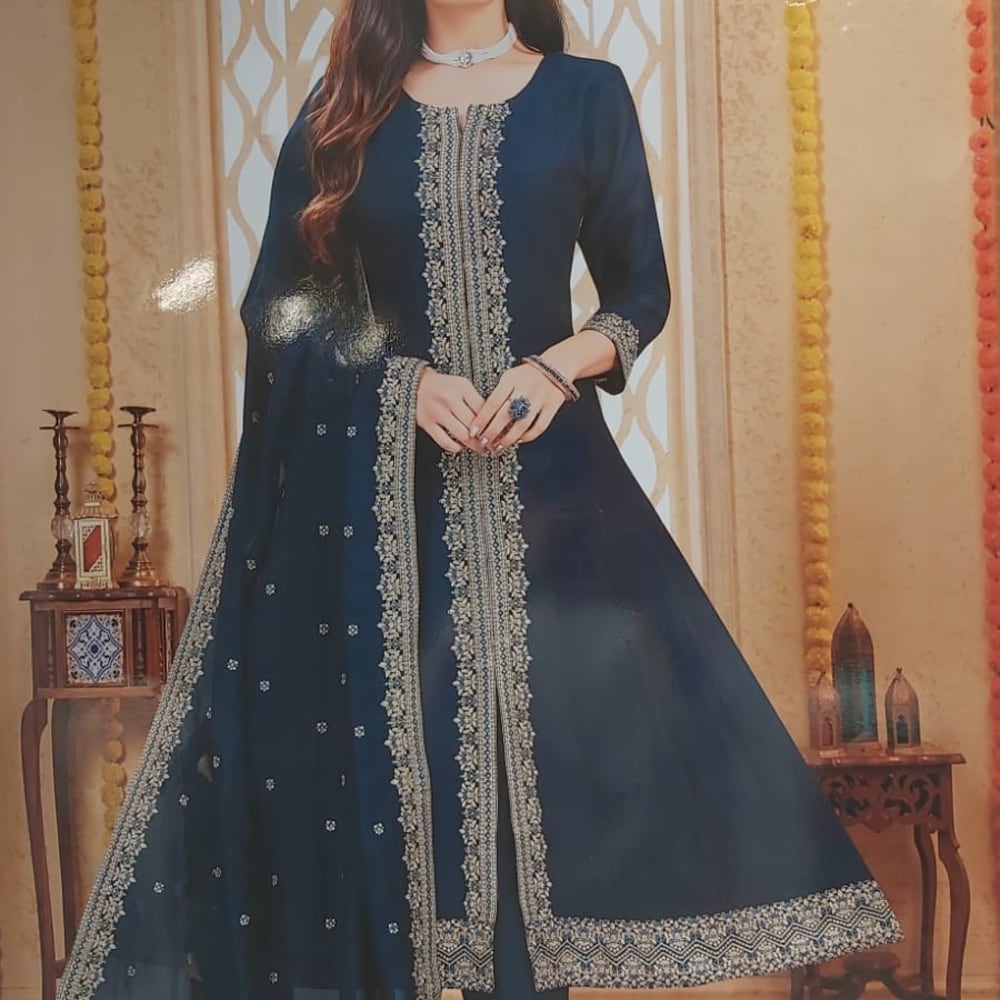 Navy Blue and Gold Anarkali Suit