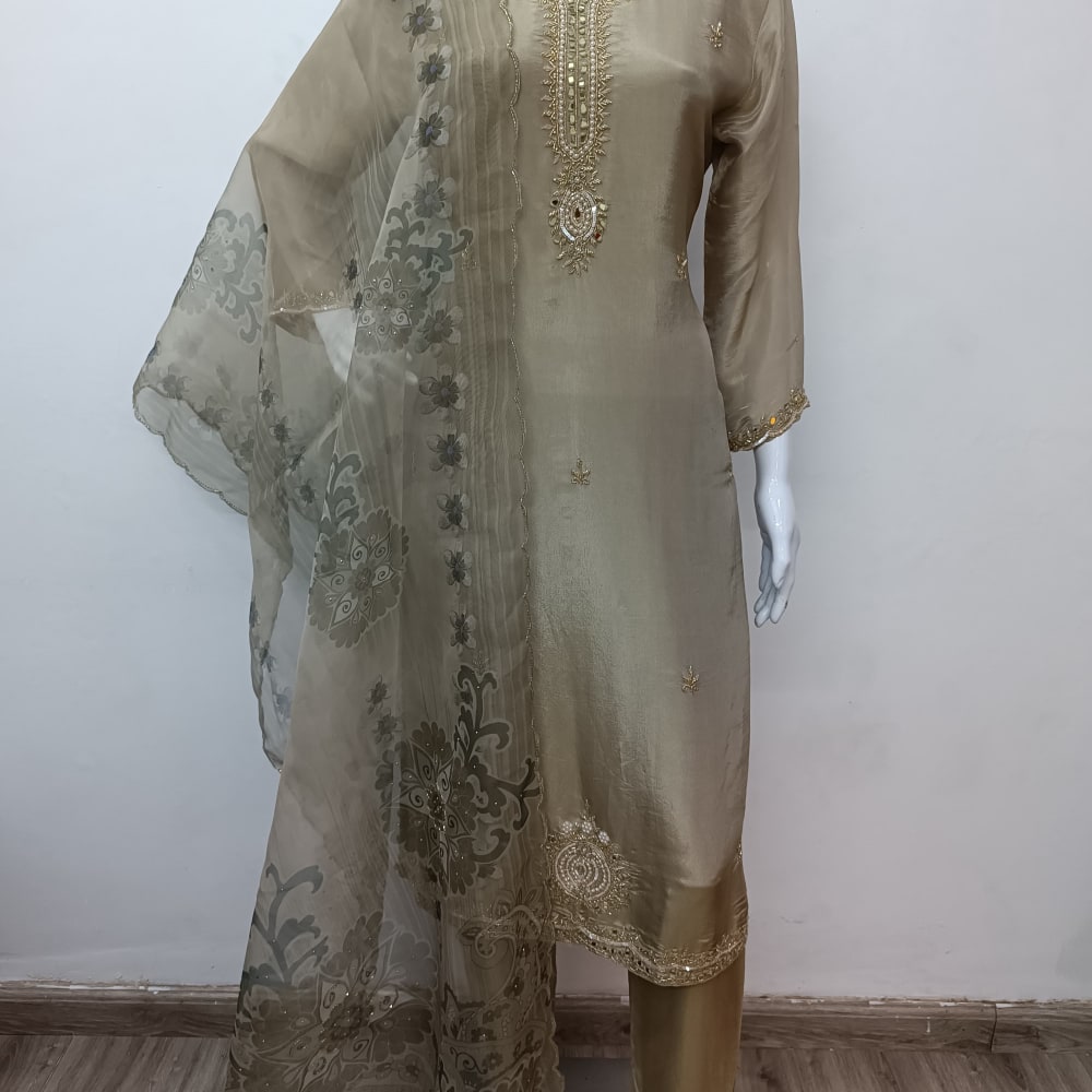 Olive Green, Gray, Gold Salwar Kameez with Dupatta