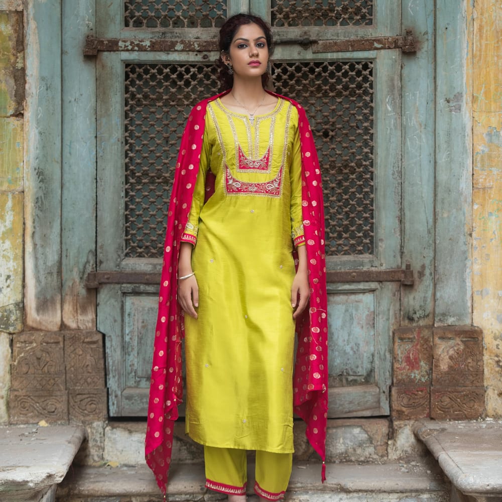 Lime Green, Red Salwar Kameez with Dupatta