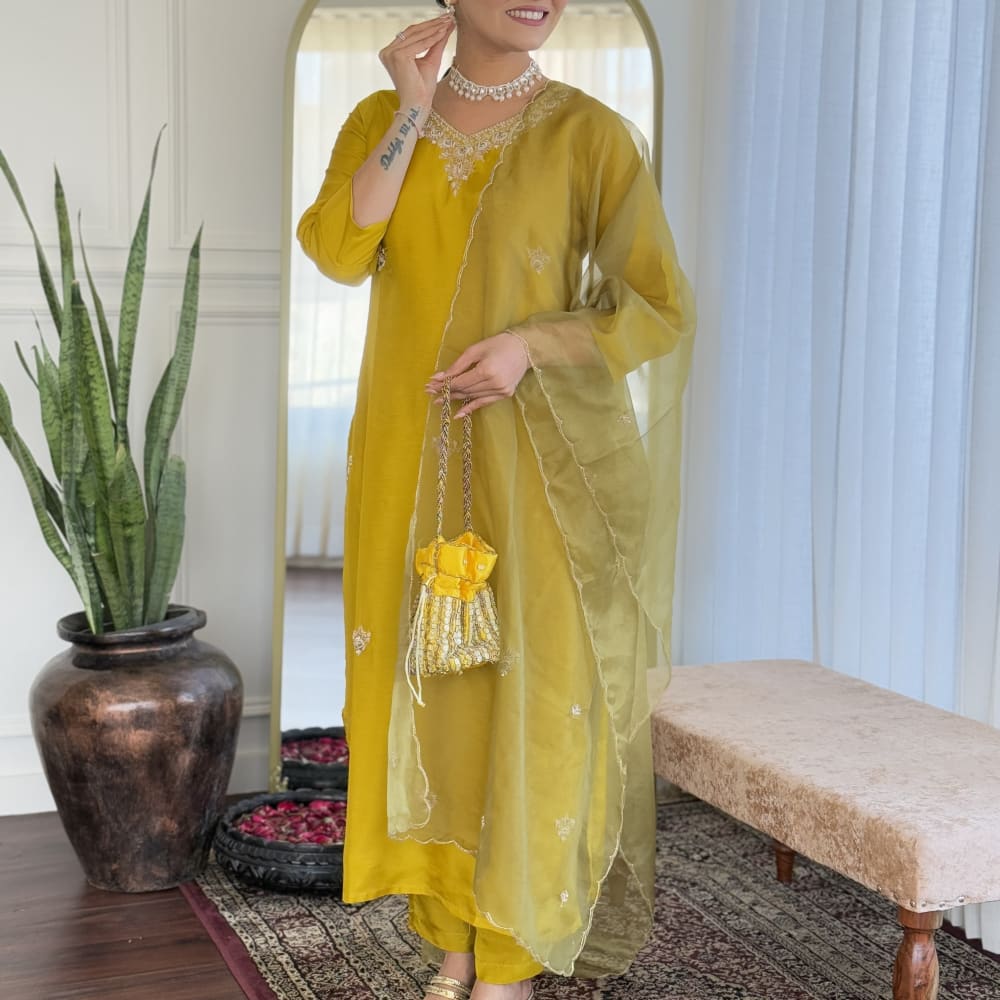 Mustard yellow with gold accents Salwar Kameez with Dupatta