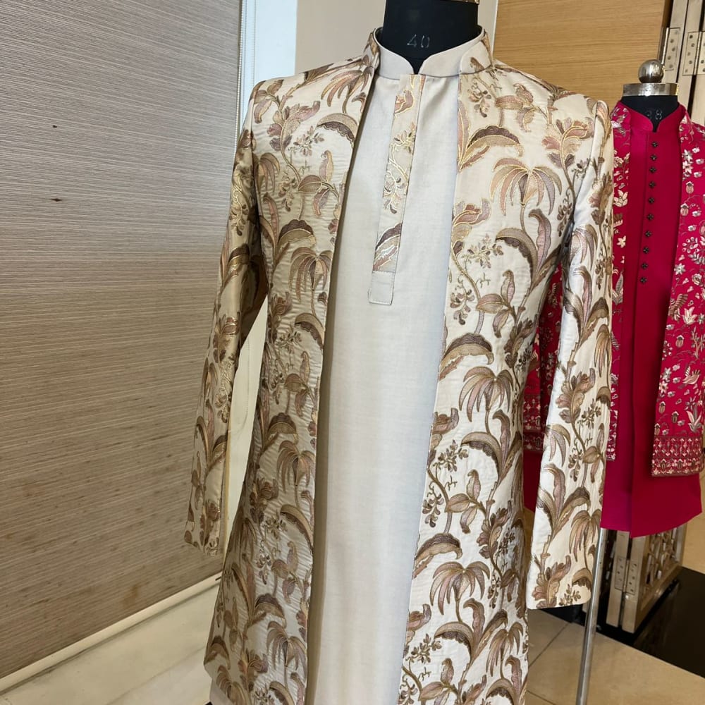 Ivory, Beige, Brown, Gold Sherwani with Jacket