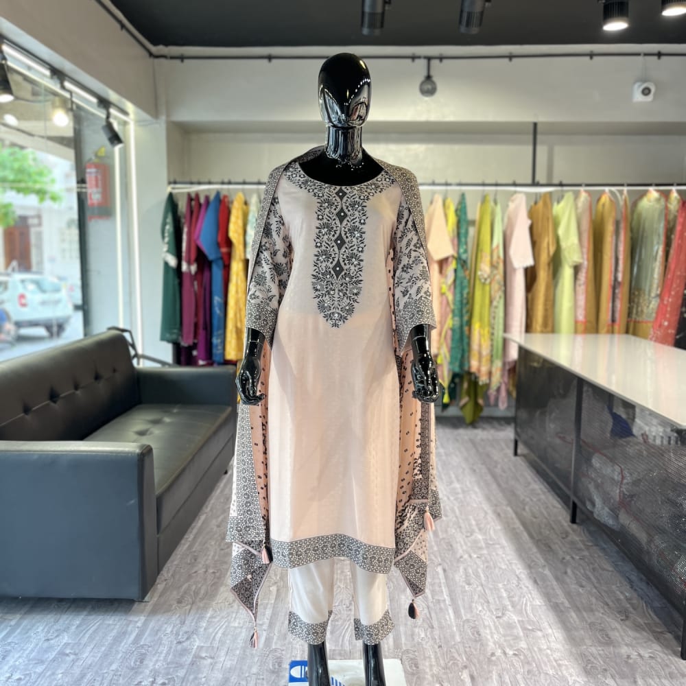 Pale Pink, Black, White Kurta Set with Shawl