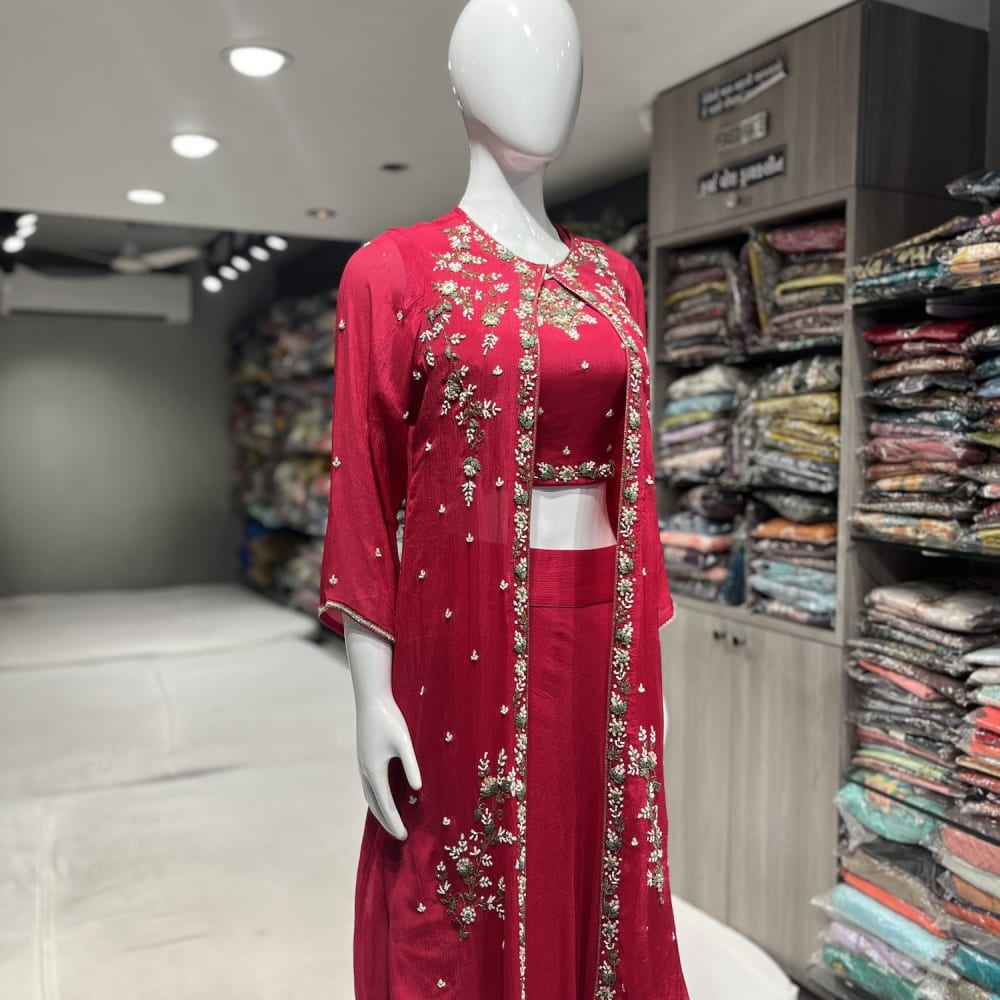 Red, White, and Green Skirt Set with Jacket