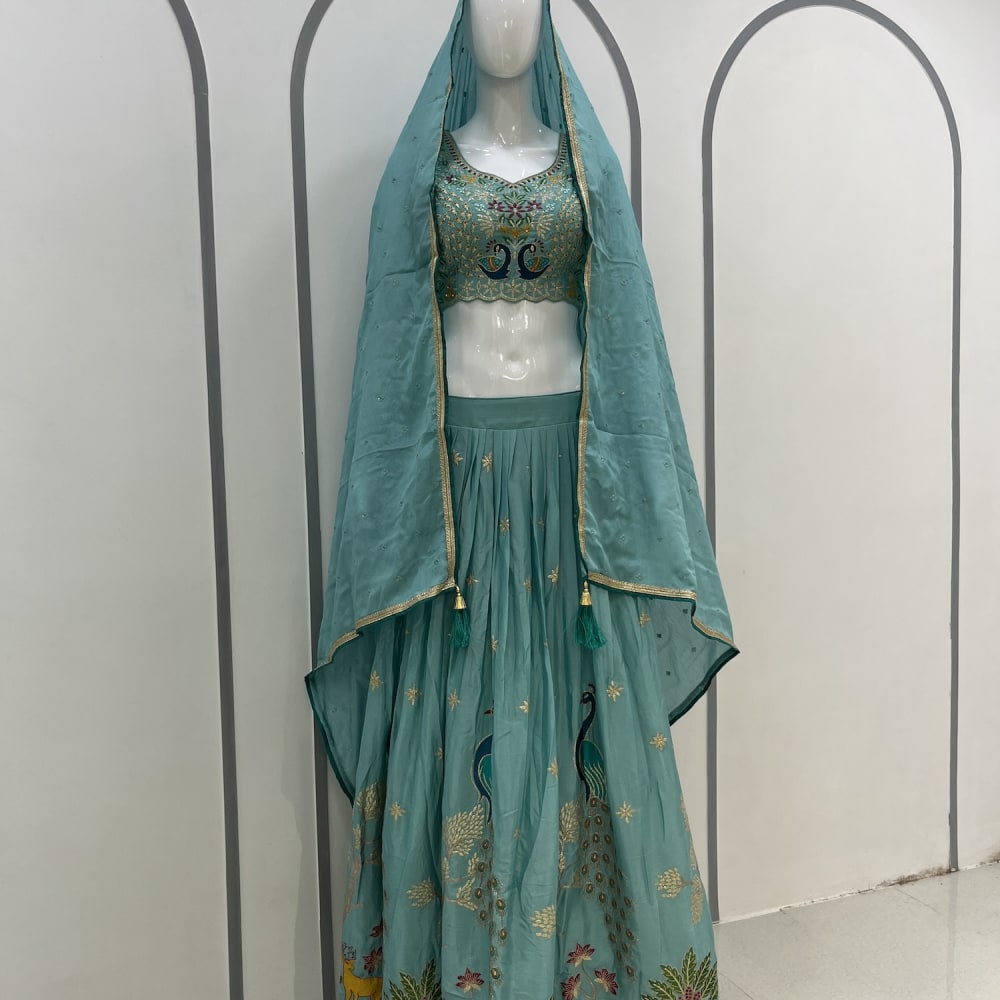 Teal, Gold, Green Lehenga Choli