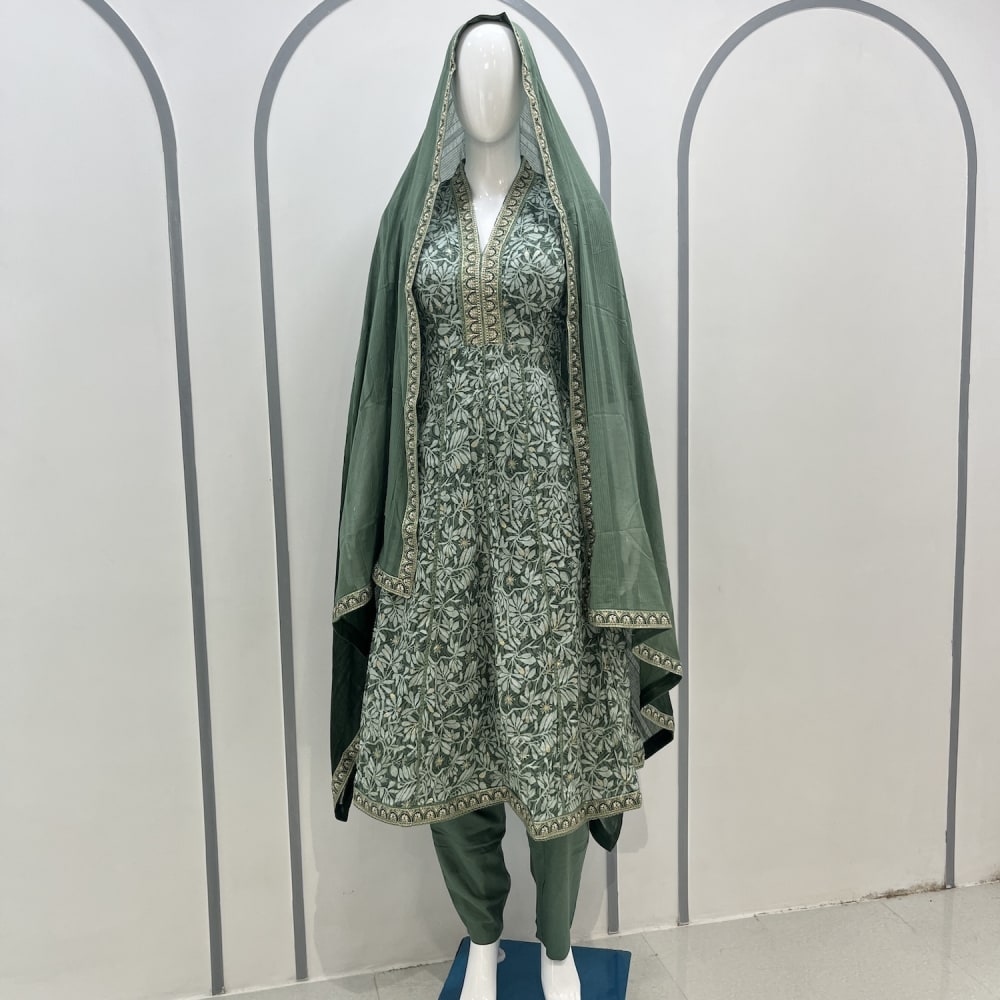 Olive Green, White, and Gold Anarkali Suit Set