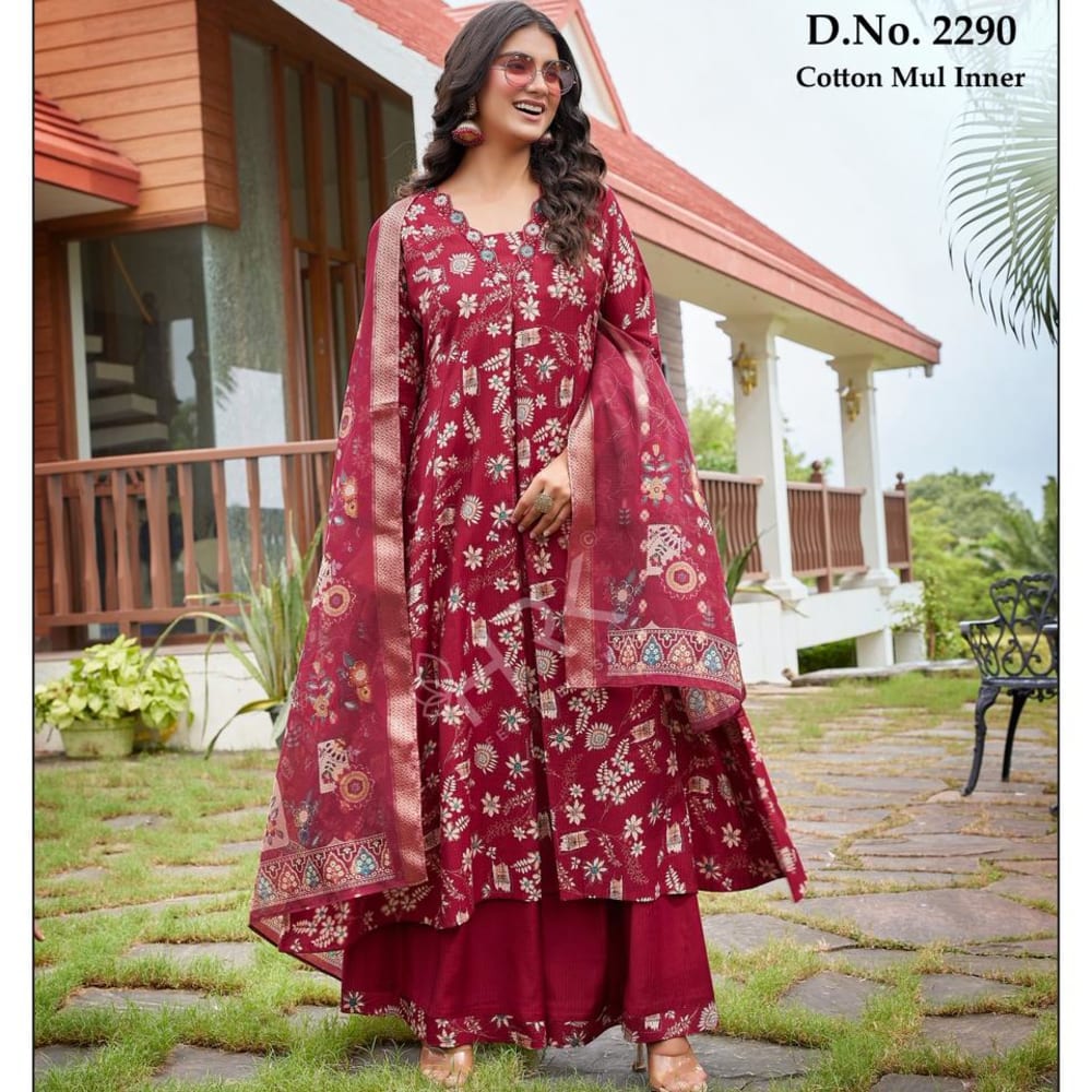 Burgundy with floral print in white and subtle green accents, border details in a mix of beige, gold, and other complementary colors. Salwar Kameez Suit with Dupatta
