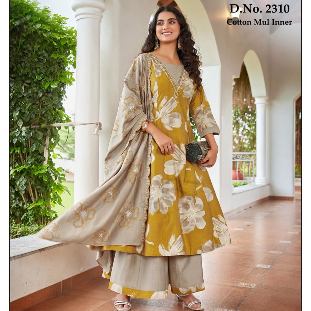 Mustard Yellow, Beige, and Cream Salwar Kameez Suit with Dupatta