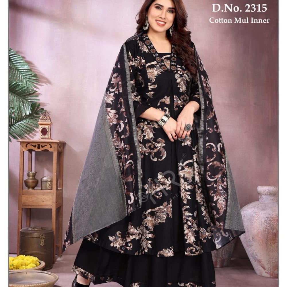 Black with floral patterns in shades of brown and beige, and a grey dupatta Anarkali Suit with a dupatta