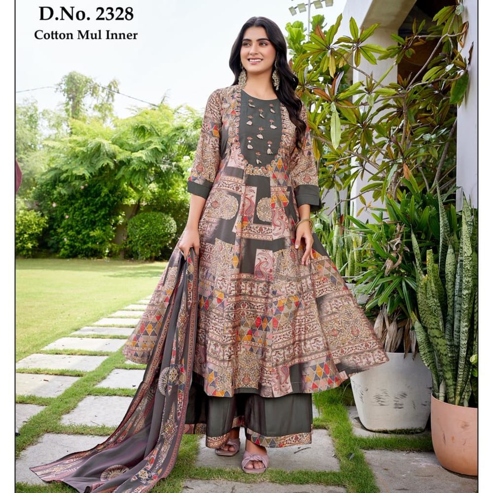 Earthy tones with accents of red, yellow, and blue Anarkali Suit