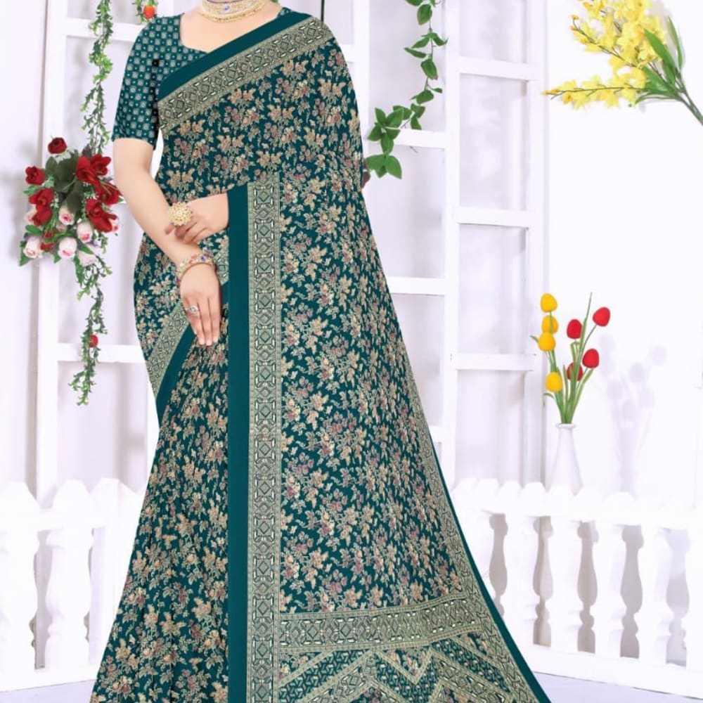 Teal, Beige, Peach, Brown Saree