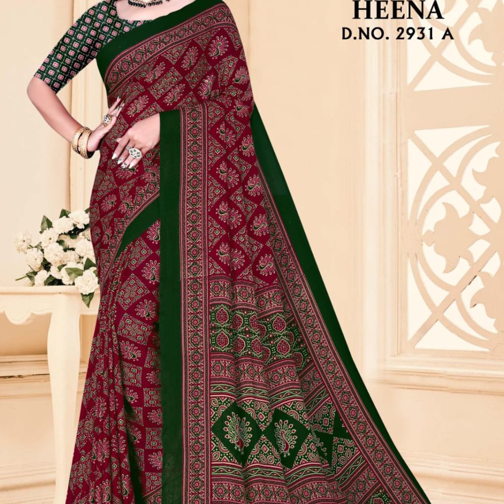 Maroon, Green, and hints of Pink Saree
