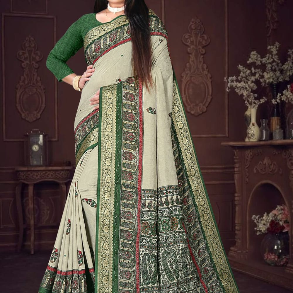 Beige, Green, Red, Gold Saree