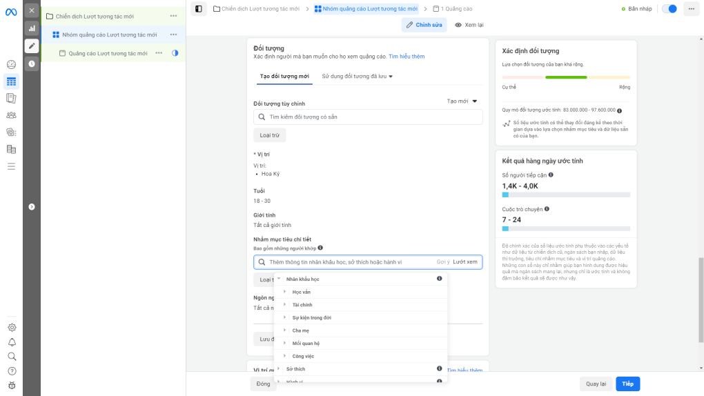 Cách thiết lập đối tượng mục tiêu trong Facebook Ads